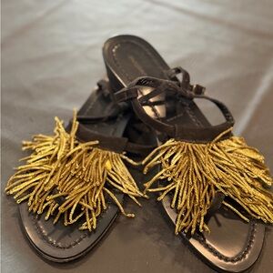 Sigerson Morrison Black Sandals with Gold Fringe